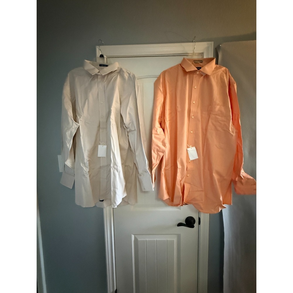 2pc Paul Fredrick Dress Shirt Men's 18.5 Peach Ivory Cotton Monogram Custom NWT